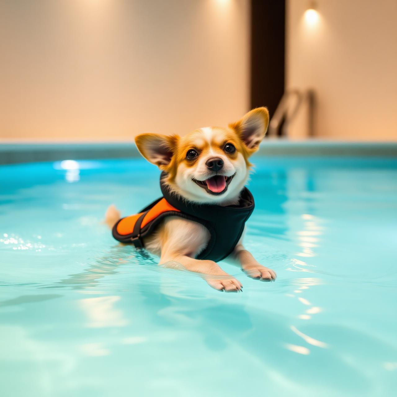 Small dog in a life jacket happily paddling in a private pool